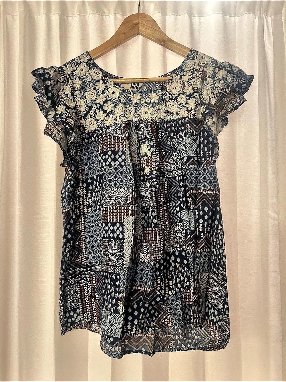 Geometric Print Blouse in Blue & Brown